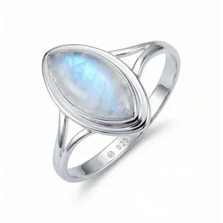 mantraroma Silberring SARALA Ellipse aus 925 Silber mit Regenbogen Mondstein (Ring mit Schmuckbeutel), Damenring aus 925er Silber weiß 62