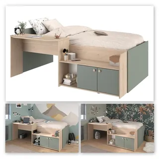 Parisot Hochbett Jade Liegefläche 90x200cm, Grün - Eiche Dekor - 203x136x79cm (LxBxH) braun