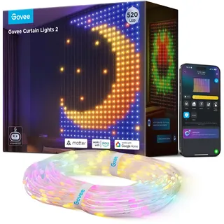 Govee Curtain Lights 2.0, Smart LED Vorhang mit DIY GIF, 520 RGBIC Color Chaning LED Lichterkette, Dynamische Deko, IP65 Max Wasserfest, Kompatibel mit Alexa, Party Deko (1,5×2m)