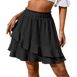 Auriselle Damen Unregelmäßig Geraffter Boho Rock Sexy Hohe Taille Kurzer Mini Skaterrock Elastische Taille Enger Minirock Club Party Loose Fit Sommer Röcke, Schwarz, S-L - S