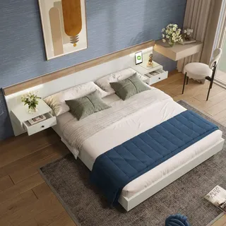 MODFU Klassische Betten Holzbett Bettanlage 180x200cm mit 2 LED Nachtkommoden& USB C Steckdose Doppelbett Schwebebett inkl. 2 Nachttischen, Eiche S... - Weiß