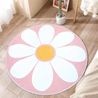 AIMECO Kinderteppich Rund 200cm - Rosa Hintergrund mit weißen Gänseblümchen, Weicher Kaschmir-Look, rutschfest & Pflegeleicht - Spielteppich für Mädchen Schlafzimmer, Kinderzimmer & Wohnzimmer Deko