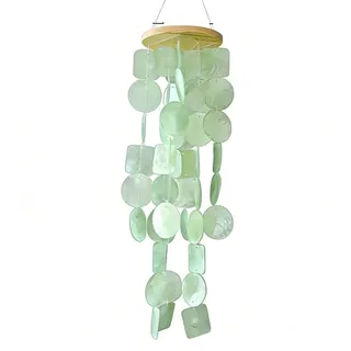 Muschel Windspiel aus echten Capiz Muscheln, Boho Deko Hängend für Balkon Garten Terrasse, 45 cm Windspiel mit Holz, Entspannender Klang, Sommer Strand Deko, Blau Grün Weiß
