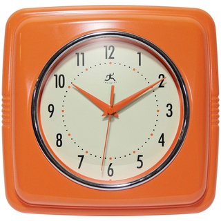 Infinity Instruments Quadratische, stille Retro-Wanduhr, 22,9 cm, Mitte des Jahrhunderts, Moderne Küche, Esszimmer, Retro-Wanduhr, Quarz-Uhrwerk (orange)