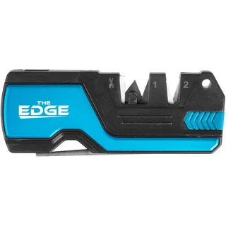 THE EDGE 6in1 Messerschärfer mit Feuerstein & Pfeife Messerschleifer glatt + Wellenschliff Messer kleiner Messerschärfer Schärfer Schleifgerät Messer Messerschleifgerät (Blau)