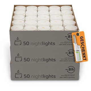 DecoLite: 150 Teelichter Nightlights von Wenzel mit transparenter Hülle - 7-8 Stunden Brenndauer inkl. Stabfeuerzeug | Teelichter im durchsichtigen Becher | ohne Duft