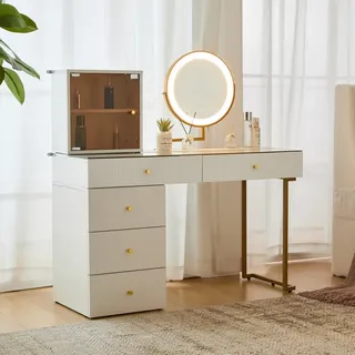 Schminktisch Mit Touch-led-spiegel Und Glasplatte – 120 X 45 X 115 Cm – Modularer Schminktisch Mit Stauraum – Weiß/gold