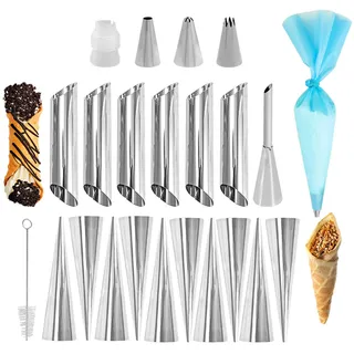 Hwtcjx 23 Stück Schaumrollenform, Edelstahl Cannoli Backform, Cannoli-Form, Röhren, Sahne Rollform Schraubform Croissant-Form, Kegelförmige Form für Cannoli-Röhren, Croissant, Backformen