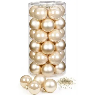 Inge Glas Weihnachtskugeln mit Haken | Schöne Christbaumkugeln aus Glas | Set 30 Kugeln und 40 Aufhänger | Christbaumschmuck Weihnachtsbaumkugeln (Champagne | beige)