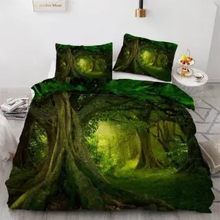 ROUSKI Bettwäsche-Set 3-teilig 155x220cm Mikrofaser Wald Motiv mit Reißverschluss