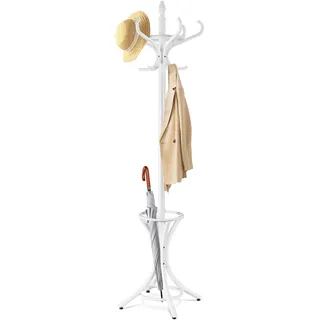 COSTWAY 184cm Garderobenständer mit Schirmhalter, Jackenständer mit 12 Kleiderhaken, Kleiderständer aus Holz, Garderobe Standgarderobe für Flur, Wohnzimmer und Schlafzimmer (Weiß)