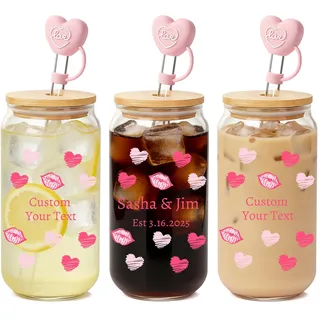 Mason Life personalisierte Matcha-Becher, personalisierte Geschenke für Frauen 532 ml Herzen Lippen Matcha Glas, Liebespaar-Glasbecher mit Bambusdeckeln und Strohhalmen, Valentinstagsgeschenke