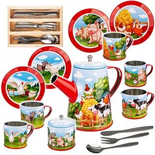 alles-meine.de GmbH 26 TLG. Set Puppengeschirr/Teeservice & Kaffeeservice + Besteck - Bauernhof Tiere - Geschirr aus Blech - Metall - Blechgeschirr - Kinderküche - Picknickse..