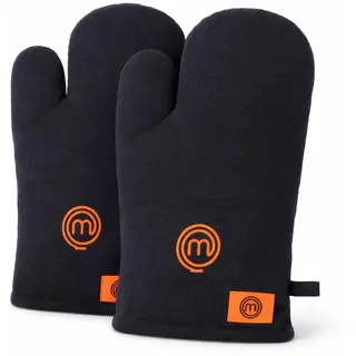 MasterChef Ofenhandschuhe Schwarz (1 Paar) – Hitzebeständige Backofenhandschuhe aus 100% Baumwolle – Topflappen mit Orangefarbenem Logo – Grillhandschuhe mit Aufhängeschlaufe für Küche & Grill