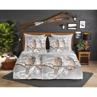 Wendebettwäsche GOOD MORNING "Febe", grau, B/L: 200cm x 200cm, 1 Stk., 2 Stk., Biber, B/L: 80cm x 80cm & 80cm x 80cm, 3 Stk., Biber, Obermaterial: 100% Baumwolle, Bettwäsche, Wendebettwäsche, Biber, 135x200, Warm, Weich, Wendeoptik, Reißverschluss, Winter, Eule