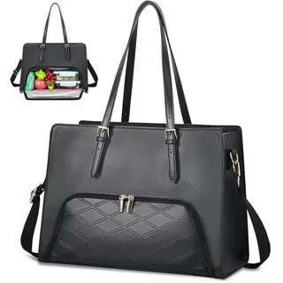 Jetviivid Laptoptasche mit Isolierted Lunch-Fach für Damen, Laptop Handtasche 17.3 Zoll, Groß Lunchtasche Leather Laptop Tote Bag Wasserdicht Bürotasche für Arbeit, Büro, Business, Uni, Schwarz