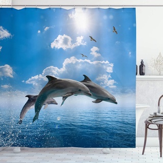OCEUMACO Duschvorhang 3D Delphin Meer 180x180 Ocean Tiere Motiv Shower Curtains Textil Antischimmel Wasserdicht Duschvorhänge Badewanne Stoff Polyester Waschbar Lang Vorhang mit Haken - Blau 5