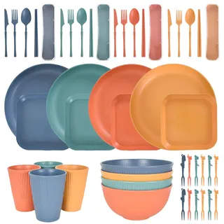 48 Teiliges Unzerbrechliches Geschirr Set, Leicht Bunt Grill Kunststoff-Geschirr-Sets, Wiederverwendbar Camping Geschirr Set für 4 Personen, Mikrowellen und Spülmaschinenfest für Picknicks