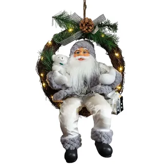 Weihnachtsmann 45cm im Kranz LED Deko Figur Türkranz Weihnachten grau silber