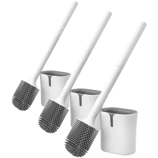 Vinabo WC-Bürste aus Silikon, Flache Toilettenbürste, antibakteriell, schnell trocknend, Tropfschutz, WC-Bürste, Wand-/Bodenmontage, Weiß (Packung mit 3)