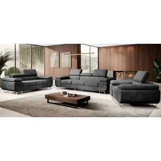 m-punkt Polstergarnitur Miami 3-2-1 Samtstoff Grau Anthrazit mit Bett Kopfteilverstellung Bett Sofa Schlafsofa Wohnlandschaft