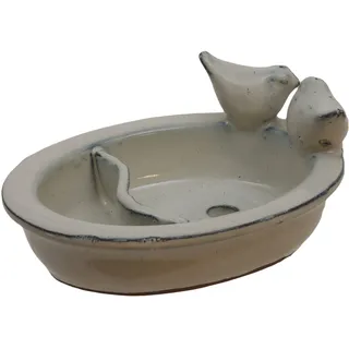 RiloStore Vogeltränke oval Vogelbad o235 Creme beige Vogelbecken Futterschale 2 Kammern Wasser Körner Keramik Wasserstelle Vogelfutterstelle 22x16x5cm