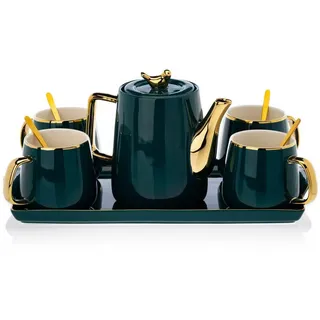 HowHomely Keramik Kaffeeservice für 4 Personen Modern - Grün Set mit Kanne, 4 Tassen und Serviertablett - Ideal für Kaffeeset Teeservice oder andere Getränke