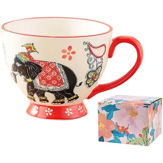 Vintage Teetasse Bunt Handbemalt Kaffeetasse Becher Geschirr Große Tasse Keramik Handgetöpfert Kaffeebecher Porzellan Cappuccino Tasse Coffee Milk Tea Mug 480ml (Elefant(weiß))