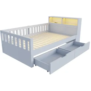 Merax Holzbett 90x200 cm, Einzelbett Grau mit 2 Schubladen, LED-Beleuchtung, Steckdose, USB & Type-C, Kopfteil-Ablage und Sicherheitsgitter