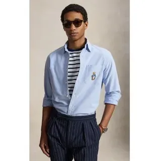 Polo Ralph Lauren für Herren. 710B22594001 Blaues Custom-Fit-Oxford-Hemd mit Polo Bear (L), Lässig, Baumwolle, Langarm