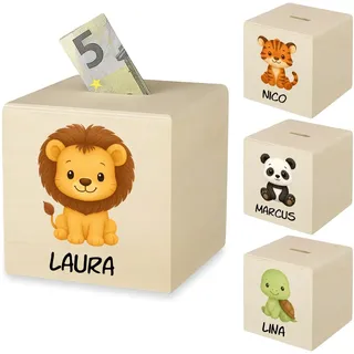 Spardose aus Holz personalisiert mit Namen für Kinder - Individuelle Sparbüchse als Geschenk zur Geburt, Taufe oder zum Geburtstag - Geldgeschenkbox für Jungen und Mädchen mit Tiermotiven