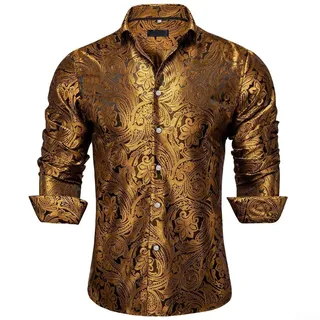 Smoking Style Herren Seidenhemd Langarm mit Paisley Muster für Events (M Gelb)