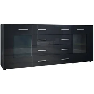 Vladon Sideboard Grömitz (Kommode mit 2 Türen, 4 Schubladen und 2 flexible Glaseinlegeböden), Schwarz matt/Schwarz Hochglanz (166 x 72 x 35) schwarz