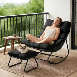Schaukelstuhl mit Hocker Innen, Loungesessel Outdoor, XXL Schaukelsessel Relaxstuhl, Schaukelstuhl Wohnzimmer, Relaxstuhl mit Gepolstertem Kissen bis 150kg Belastbar, Schaukelliege für Balkon(Schwarz)