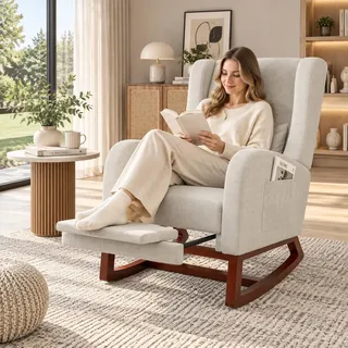 Schaukelstuhl mit Fußstütze, Stillsessel mit 2 Seitentaschen, Bequemer Lesesessel mit ausziehbarer Beinstütze, Relaxsessel, für Wohnzimmer, Schlafzimmer, Babyzimmer, grau