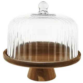 Almina Servierplatte Luana La Torta Medio, Glas, Holz, (1-tlg), mit Glasglocke & Holzfuß, ø26 x 26 cm braun|weiß