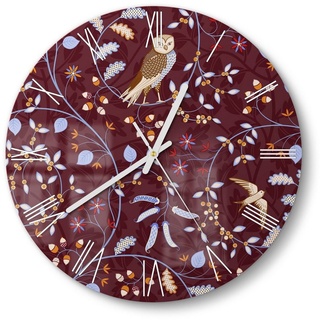 DEQORI Wanduhr 'Eulen in Blätterranken' (Glas Glasuhr modern Wand Uhr Design Küchenuhr) rot 30 cm x 30 cm