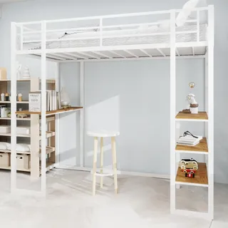Hochbett mit Schreibtisch 90x200 cm, Stabiles Etagenbett aus Metall für Kinder und Jugendliche, Jugendbett mit Rausfallschutz und Leiter, L-förmiger Tisch, Platzsparendes Loftbett (Weiß, Stil B)