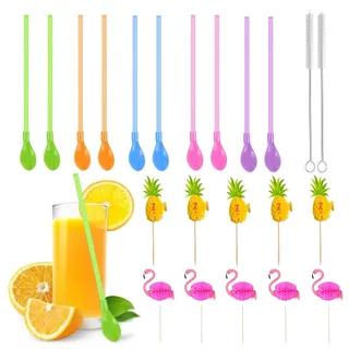 THXFUNAREA Strohhalme Löffel,party zubehör, Wiederverwendbare Trinkhalmlöffel,2-in-1 Strohhalme mit Löffel,Plastik-Strohhalm-Löffel mit Strohhalm Bürste für Kaffee, Slush,Cocktail (Gesamt 22Pcs)