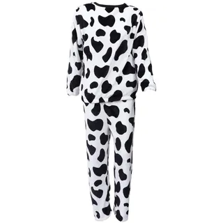 Amosfun Damen-Pyjama-Set, Kuh-Druck, Flanell, Nachtwäsche, langärmelig, Oberteil, Hose, lässig, Pyjama-Set, Größe M