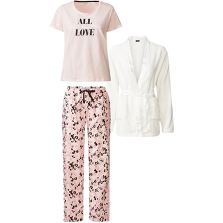 esmara® Damen Pyjama, 3-teilig (XS (32/34), weiß/rosa/Leo)