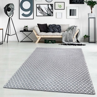 carpet city Teppich Baumwolle Kurzflor Grau Navy - 150x230 cm - Modern Karo Muster - Baumwollteppich - Esstisch Wohnzimmer Badezimmer Teppiche - Flachgewebe