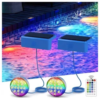 QUBEBU Pool-Lampe Solar LED Poollicht, RGB Poolbeleuchtung Unterwasser Licht, Timer, Dimmable LED Solarleuchte für Pool, Teichbeleuchtung mit Fernbedienung, IP68 Solarlampen Außen Pool Lichter Teich Aquarium Badewanne, Wasserdicht Pool Lichter Unterwasser für Aufstellpool, Badewannenlicht blau