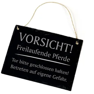 Schiefertafel Schild - Vorsicht! Freilaufende Pferde - Schiefer Warnschild 22x16cm