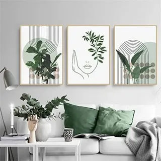 Bohemian Poster Set: Grüne Pflanze Bilder 3er-Set, Wohnzimmer Schlafzimmer Wanddekoration - Grün