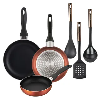 BERGNER - Set aus 3 Pfannen Ø16/20/24cm aus gepresstem Aluminium in metallic-copper mit Set 3 Küchenutensilien aus schwarzem PBT und Kupfer