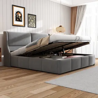 Merax Hydraulisches Boxspringbett 180x200cm Polsterbett mit Lattenrost, Rückenlehne und Stauraum, Ohrform Doppelbett Ehebett Funktionsbett aus Sam... - Grau