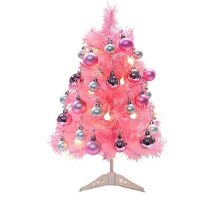 LICHENGTAI 60cm Mini Weihnachtsbaum Rosa Tannenbaum Kleiner Künstlicher Weihnachtsbaum mit Weihnachtskugeln und LED Beleuchtung, Geeignet für Weihnachten Partys Zuhause Drinnen und Draußen