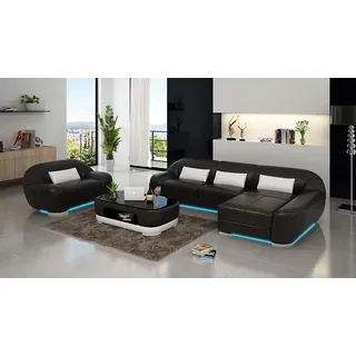 Ledersofa Couch Wohnlandschaft Ecksofa + Sessel Eck Garnitur Design Sofa G8022E - Schwarz