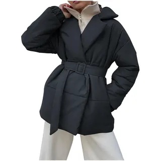 Dyhxuan Winterjacke Damen Winter Steppjacke mit Gürtel Warme Daunenjacke Revers Puffer Jacke Dick Steppmantel Einfarbig Wintermantel Outdoorjacke Steppmantel Modisches Daunenmantel Mantel für Frauen - S